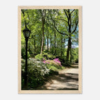 Framed print of Central Park walkway, serene New York City wall art, showcasing a peaceful park scene with trees and pathway.