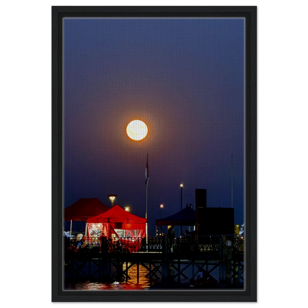 Mystical Fall Full Moon framed canvas print featuring celestial wall art with autumn leaves and a glowing full moon by CaliCuration.