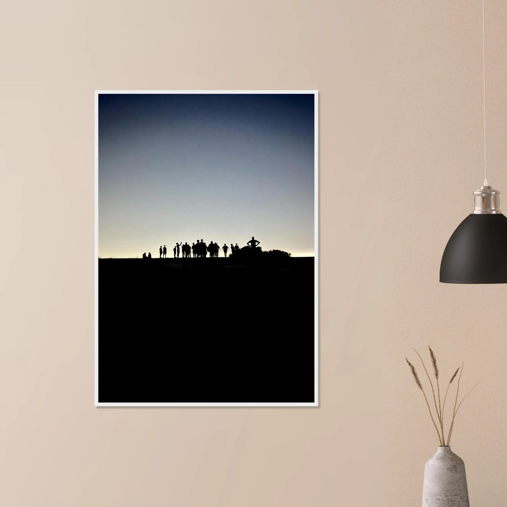 Black and white framed print of Hollywood Hills with city lights, part of the Summer Hike California poster art series.