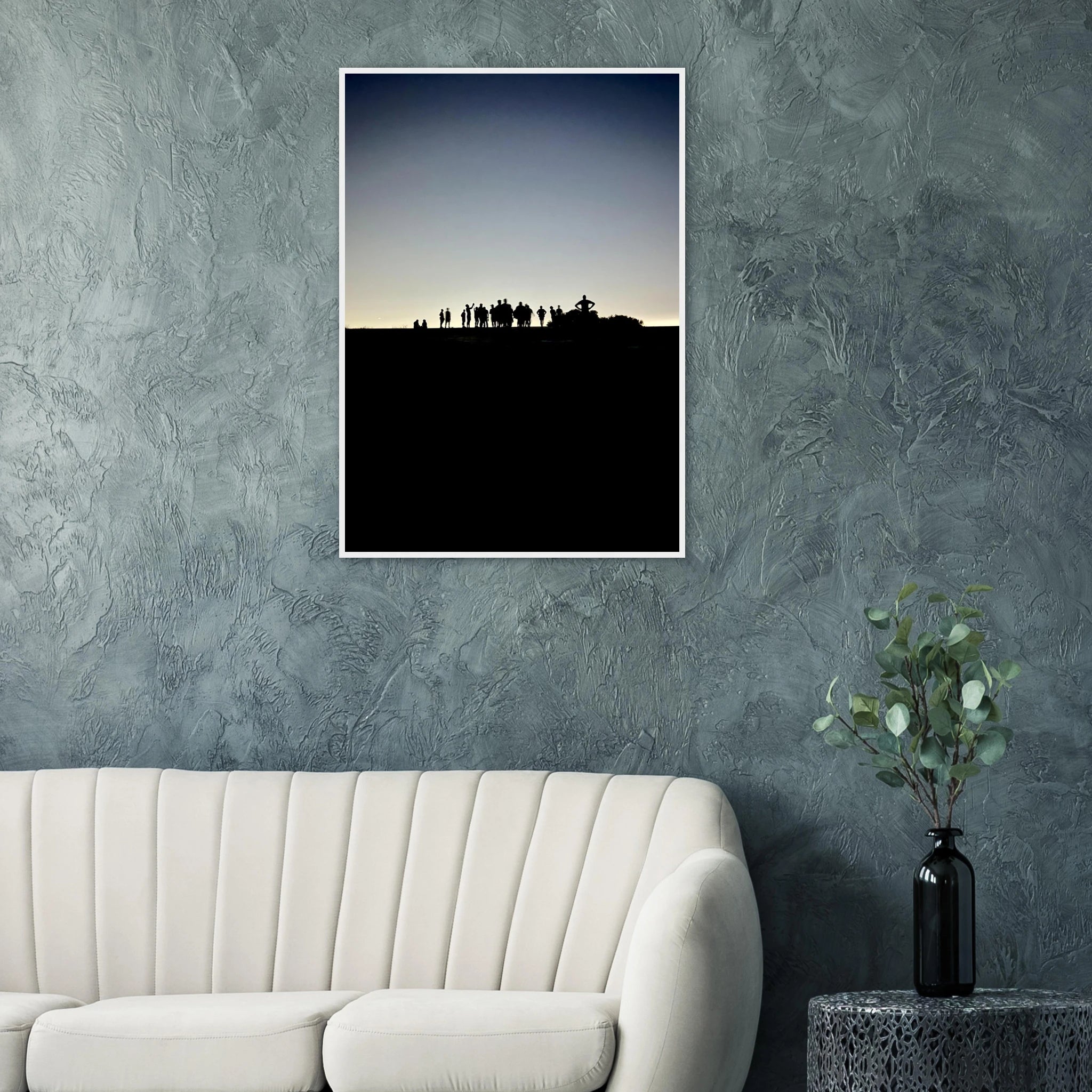 Black and white framed print of Hollywood Hills city lights poster, California landscape art from the Summer Hike series.