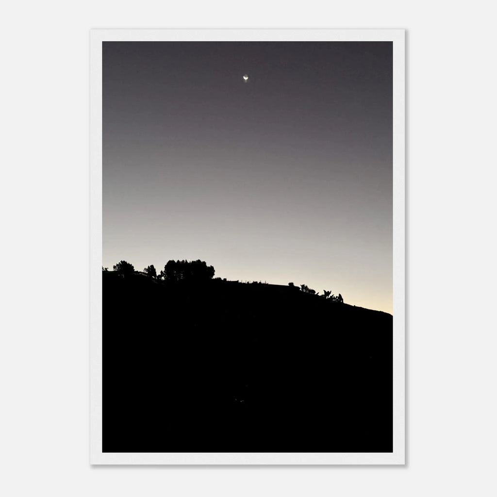 Wooden framed semi-glossy poster of a black and white Hollywood Hills moon scene, part of the Fall New Moon California Poster Art series.