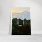 Color print titled "A Window into Jungle Stillness" by CaliCuration, featuring a tranquil jungle scene in vibrant colors.