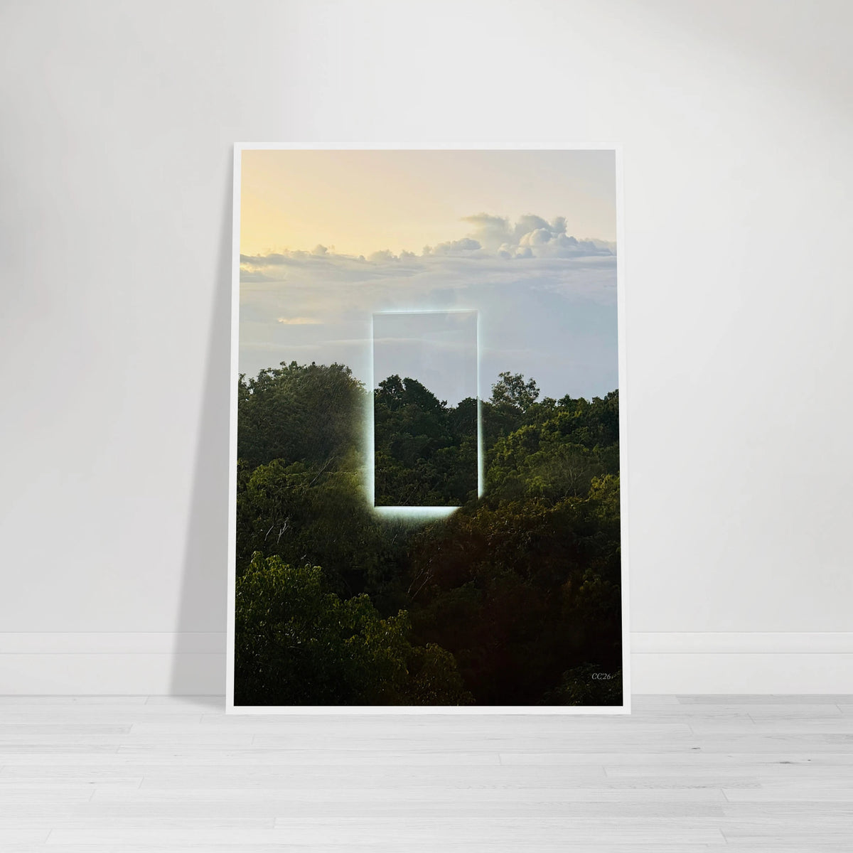 Color print titled "A Window into Jungle Stillness" by CaliCuration, featuring a tranquil jungle scene in vibrant colors.