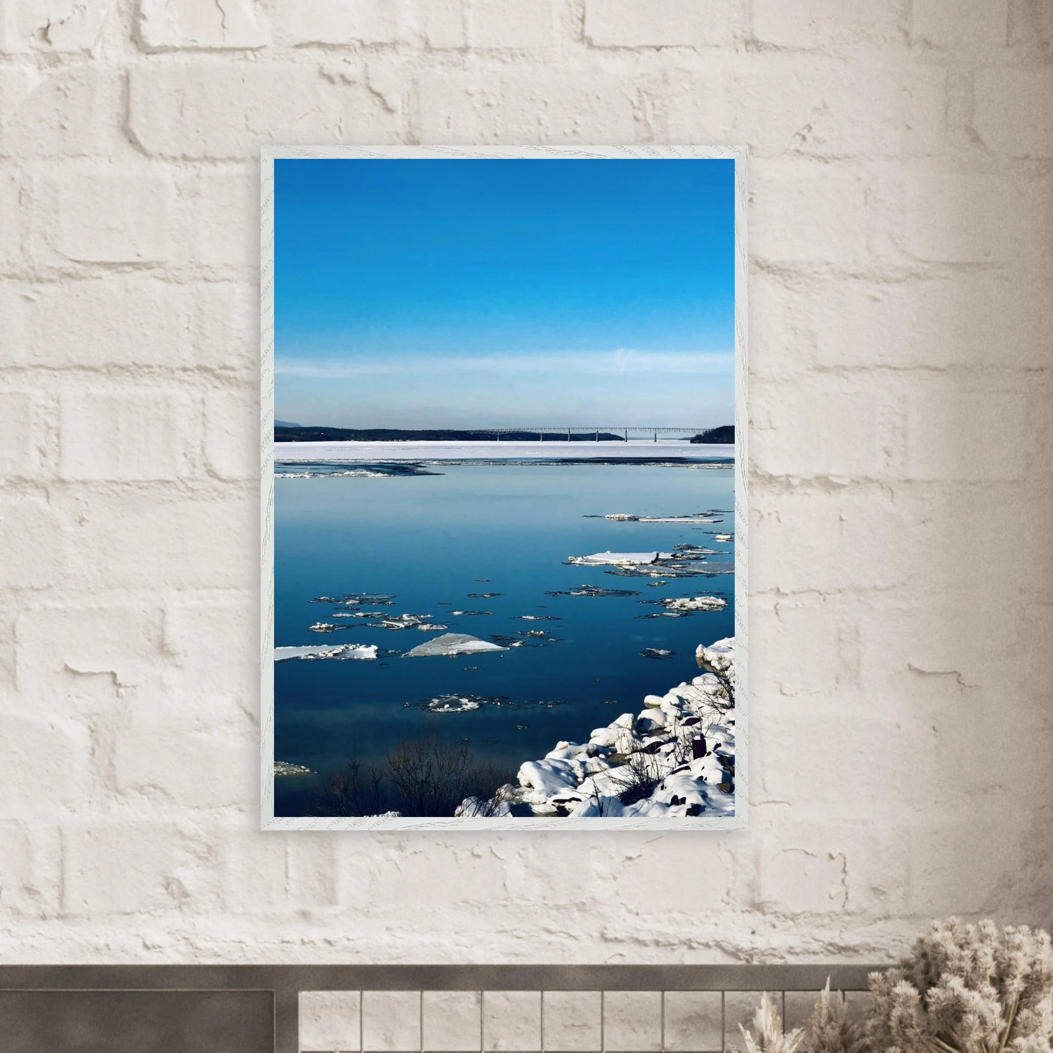 Premium wooden framed Hudson Valley winter poster featuring snowy landscape, designed for the Studio Edition travel collection.