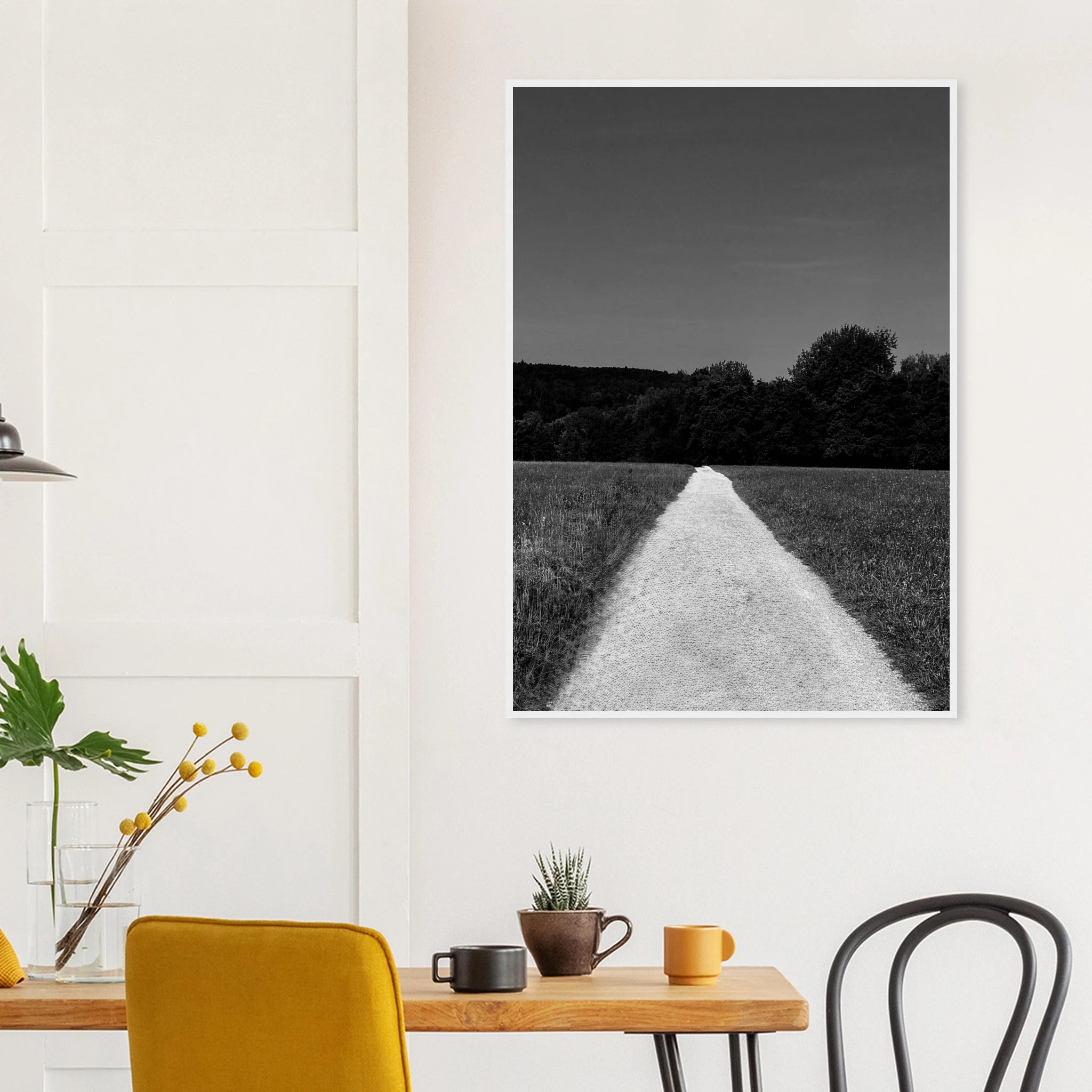 Black and white framed poster of a summer road scene from the Travel Collection, printed on premium semi-glossy paper.