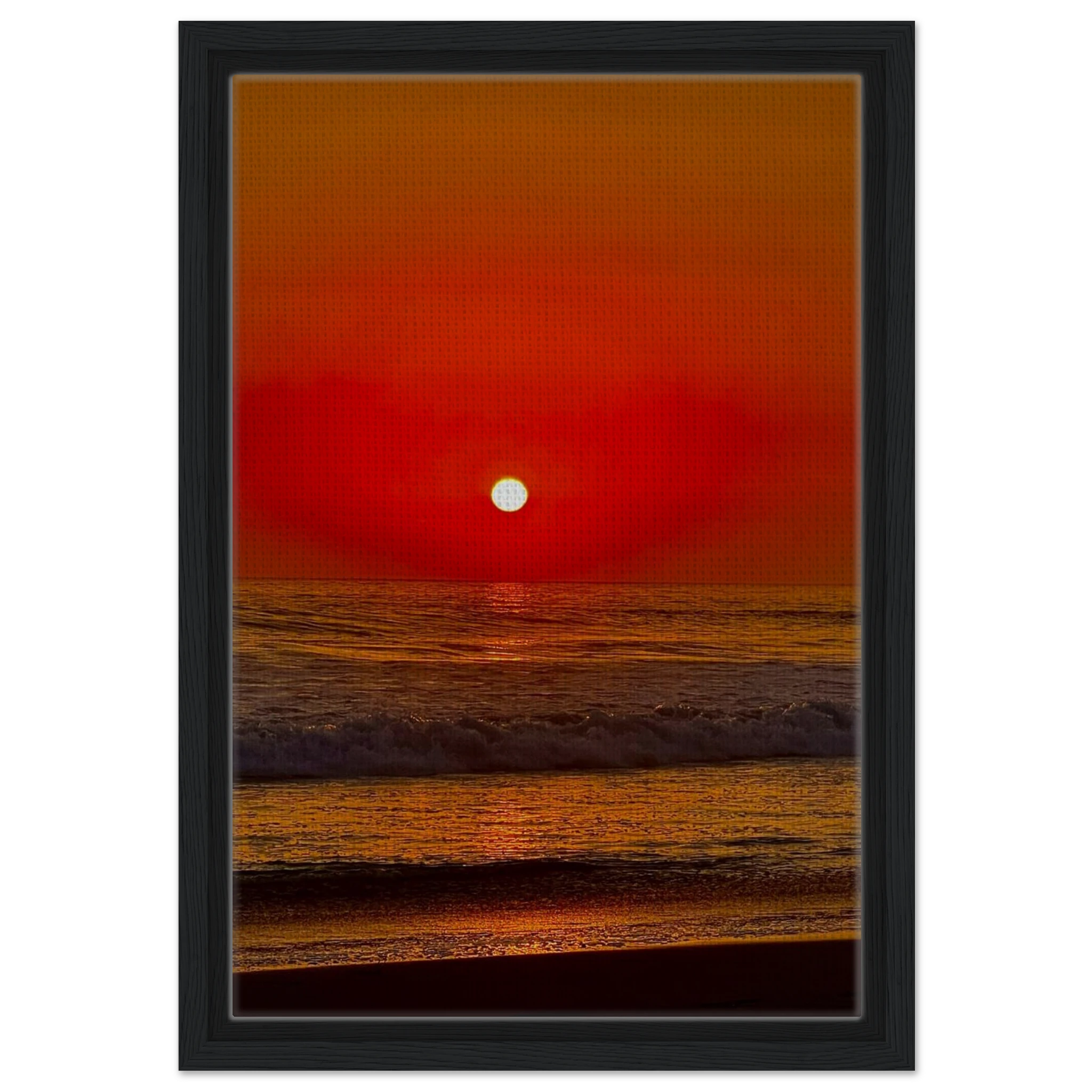 Framed canvas print of California Red Sunset Series 2/3 by CaliCuration, featuring vibrant red sunset hues in a captivating studio edition.