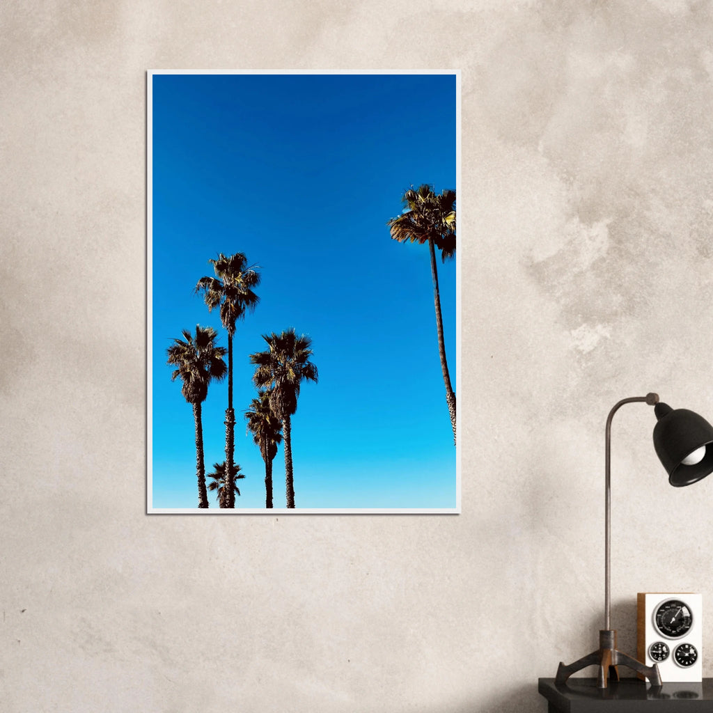 Santa Barbara Palm Tree art poster by CaliCuration featuring California-themed home decor, wooden framed, semi-glossy paper, studio edition.