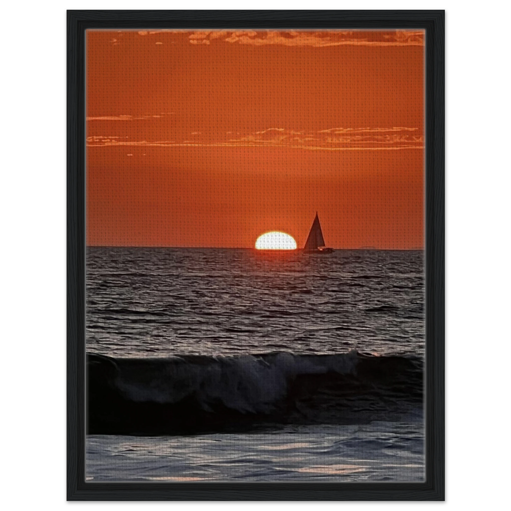 Wooden framed canvas print of California Red Sunset Series 4/4 by CaliCuration with vibrant red sunset hues.