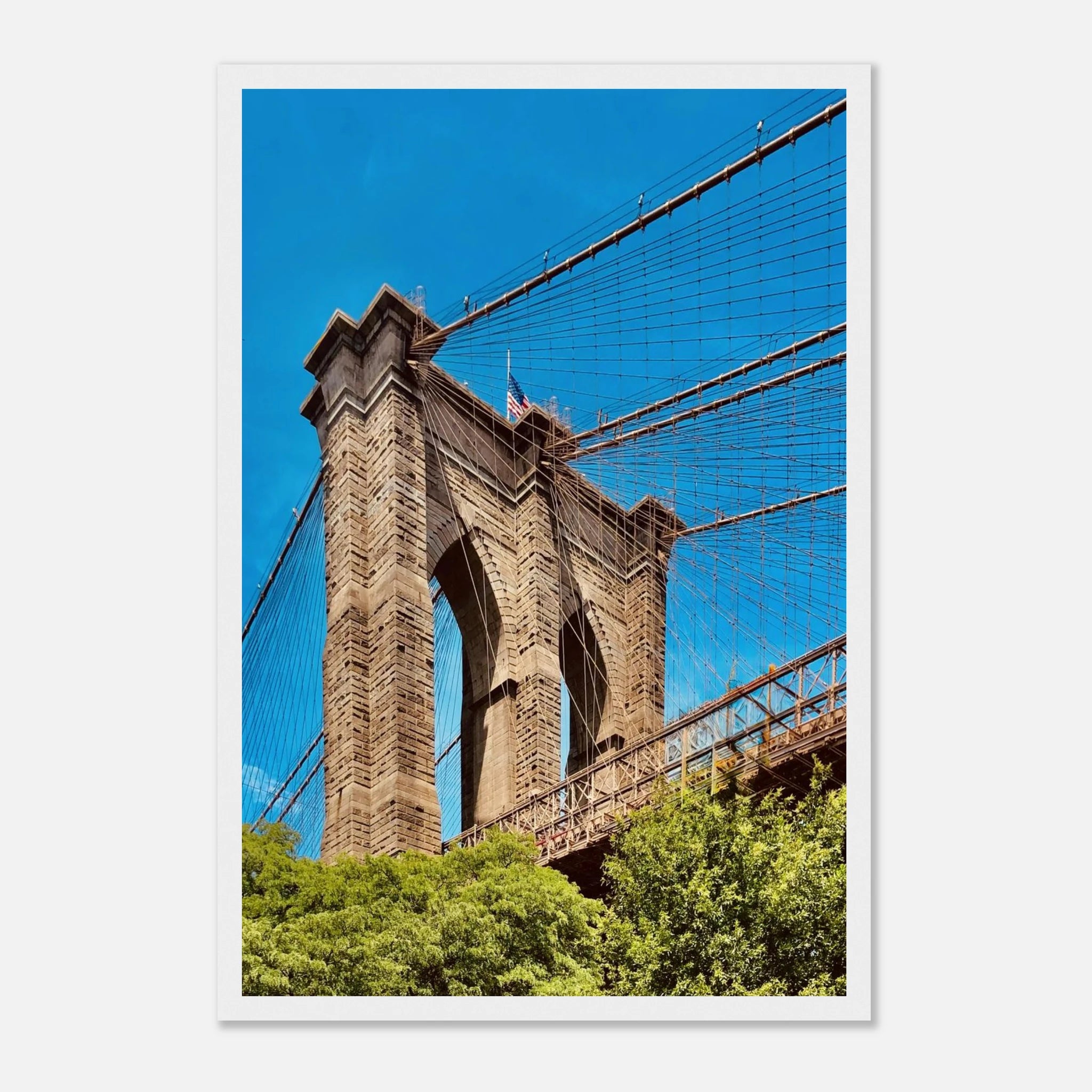 Framed NYC Brooklyn Bridge poster featuring Dumbo view, showcasing iconic New York City skyline and bridge in a stylish travel collection print