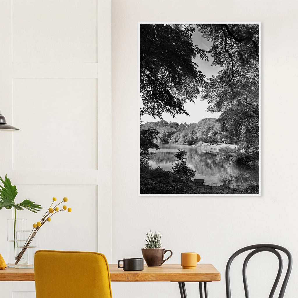Black and white framed print of Upstate NY summer lake scene from the Studio Edition Travel Collection, holiday 25, on print material.