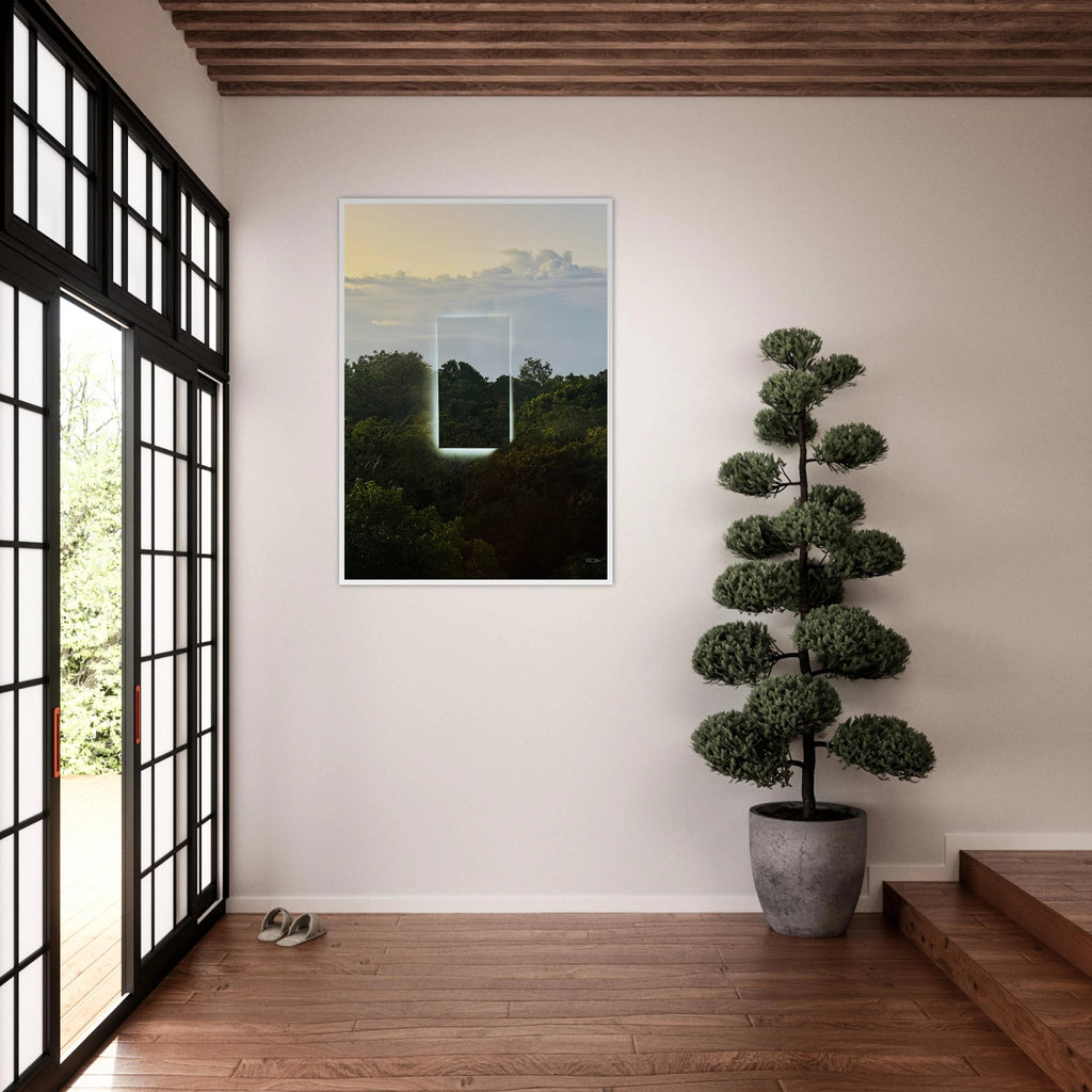 Color print titled "A Window into Jungle Stillness" by CaliCuration, showcasing vibrant jungle scene in an exclusive edition.