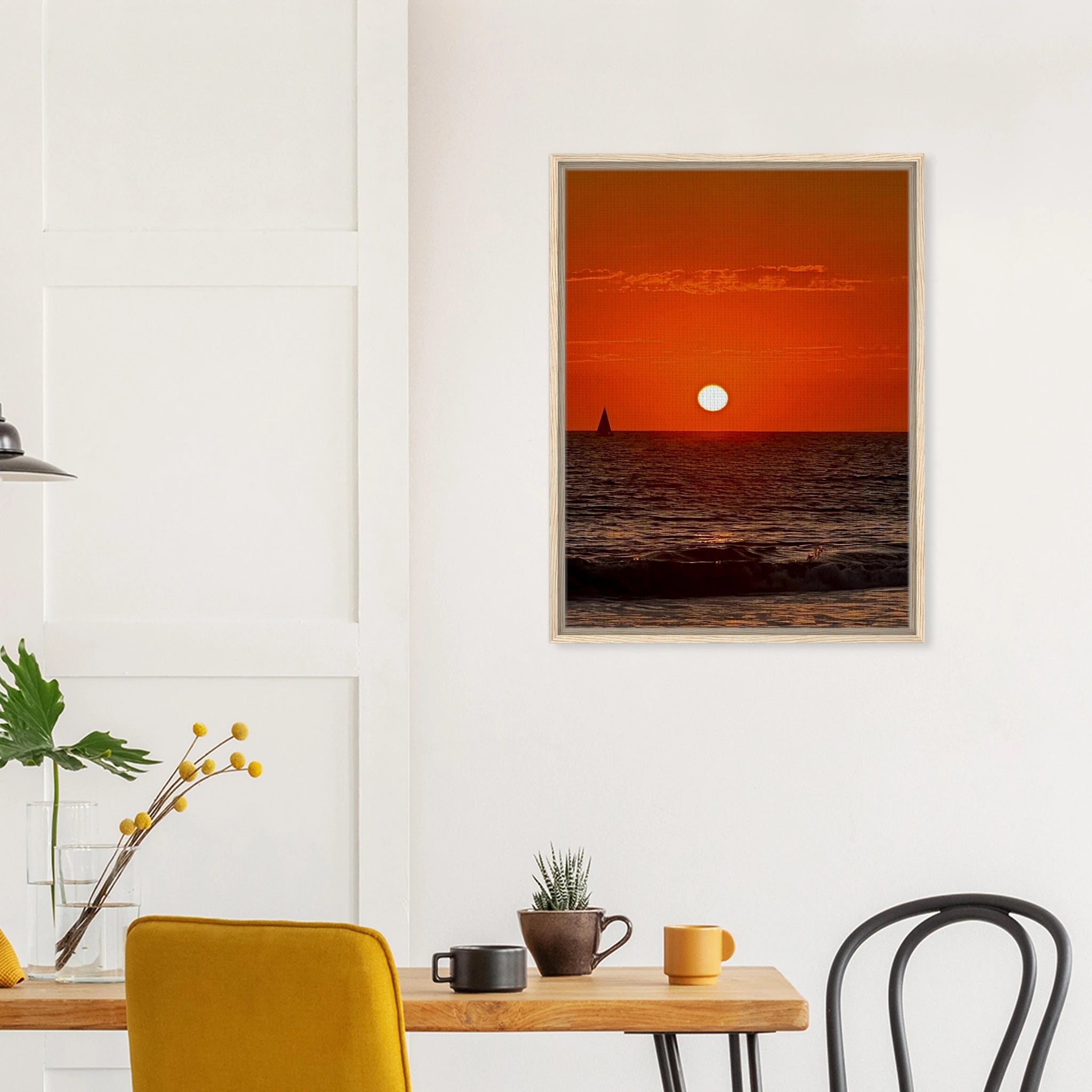 Framed canvas print of California Red Sunset Series 1/3 by CaliCuration, featuring vibrant red hues and artistic sunset landscape.
