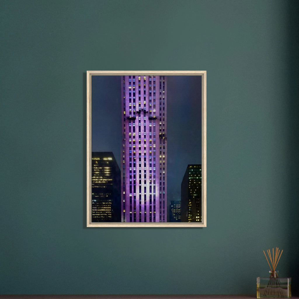 Framed canvas art of the NYC holiday skyline in purple hues from the Travel Collection by My Store, showcasing cityscape details.