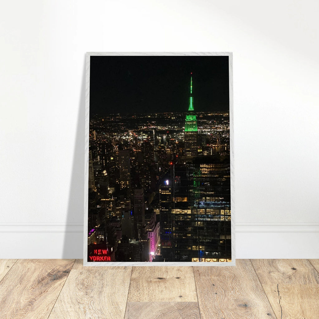 Wood mounted framed poster of NYC downtown night view with Empire State Building, part of the Studio Edition travel collection.