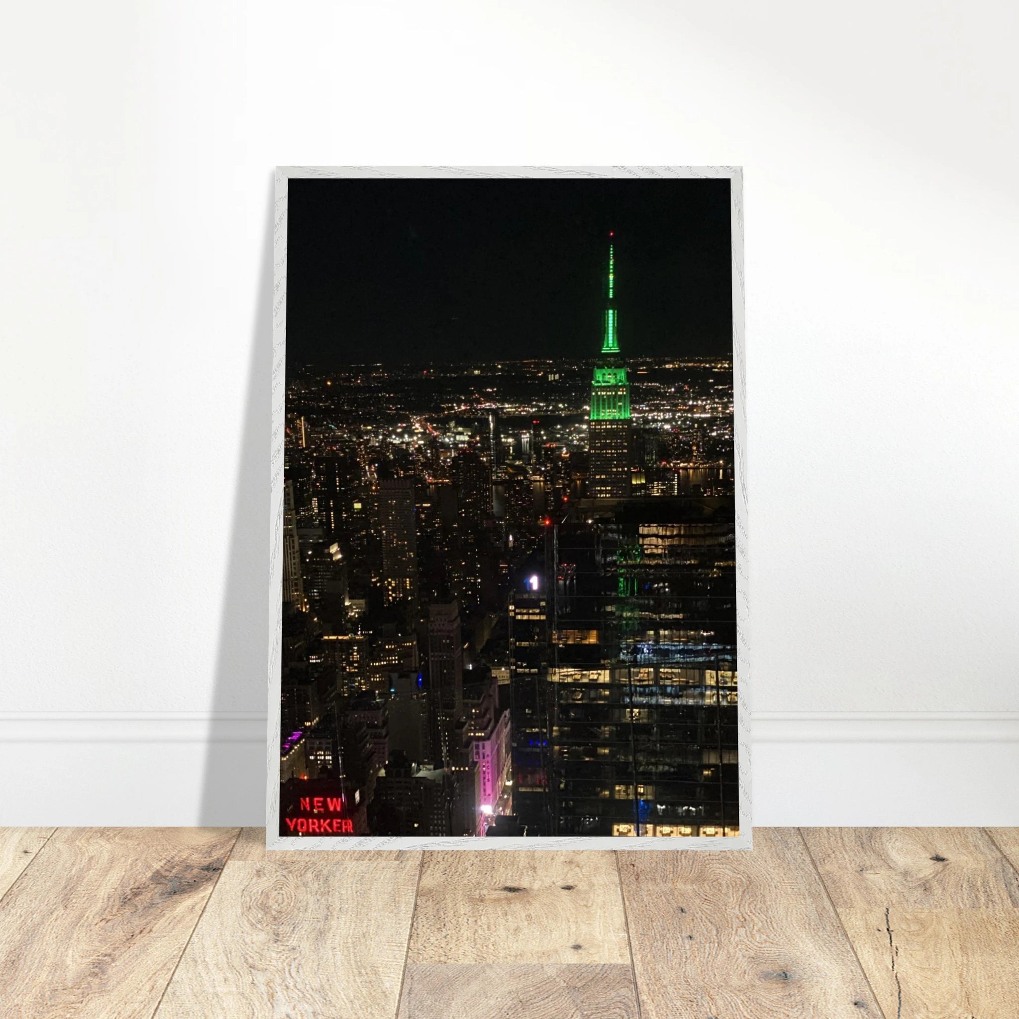 Wood mounted framed poster of NYC downtown night view with Empire State Building, part of the Studio Edition travel collection.