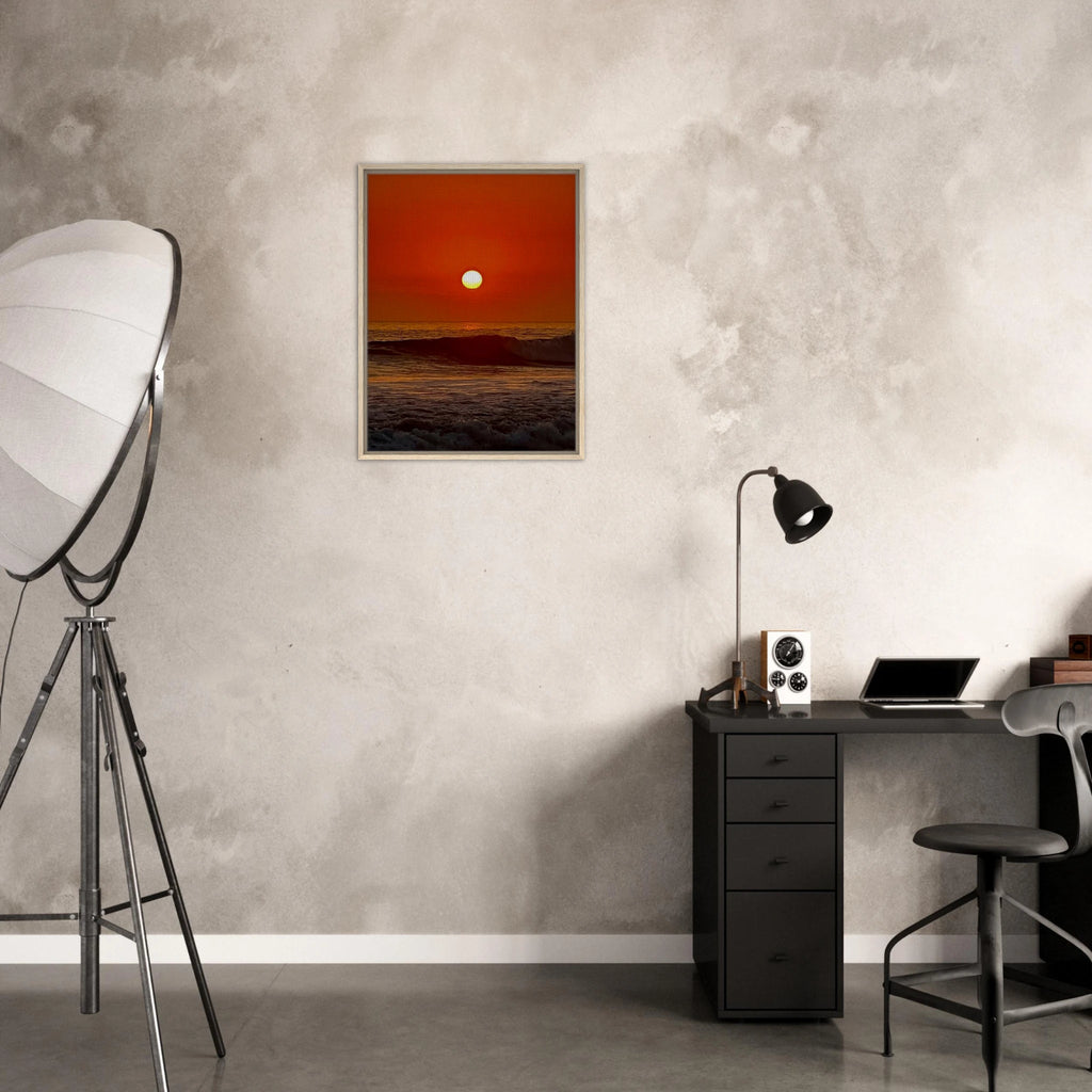 Framed canvas print of California Red Sunset Series 3/4 by CaliCuration, showcasing vibrant red sunset hues in a captivating studio edition.