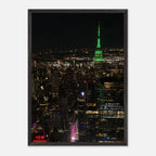 Premium wood-mounted framed poster of NYC Downtown night view featuring the Empire State Building, from the Studio Edition Travel Collection.