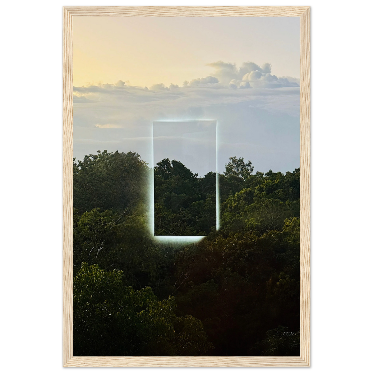 Color print titled "A Window into Jungle Stillness" by CaliCuration, featuring a serene jungle scene in vibrant colors.
