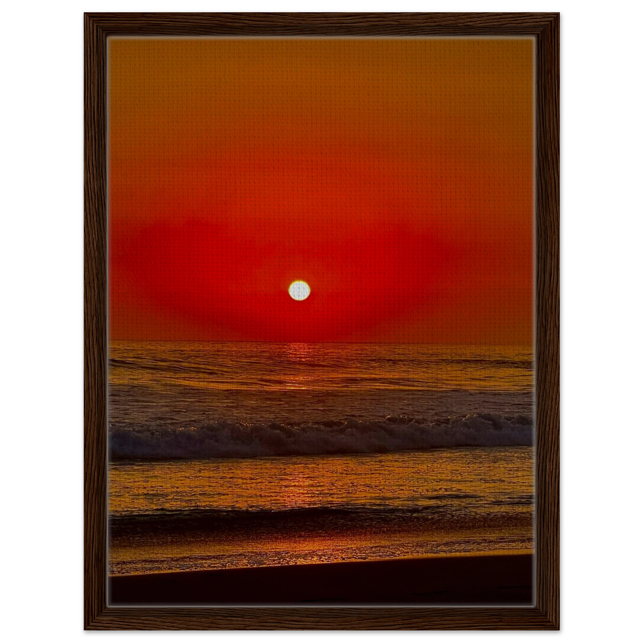 Framed canvas print of California Red Sunset Series 2/3 by CaliCuration showcasing vibrant red hues in a captivating sunset scene.