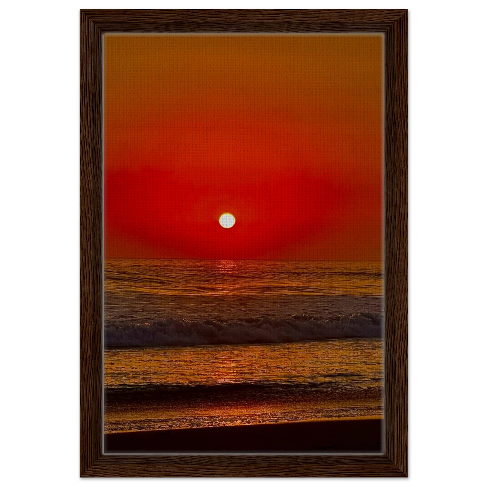 Framed canvas print of California Red Sunset Series 2/3 by CaliCuration showcasing vibrant red sunset hues in a studio edition.