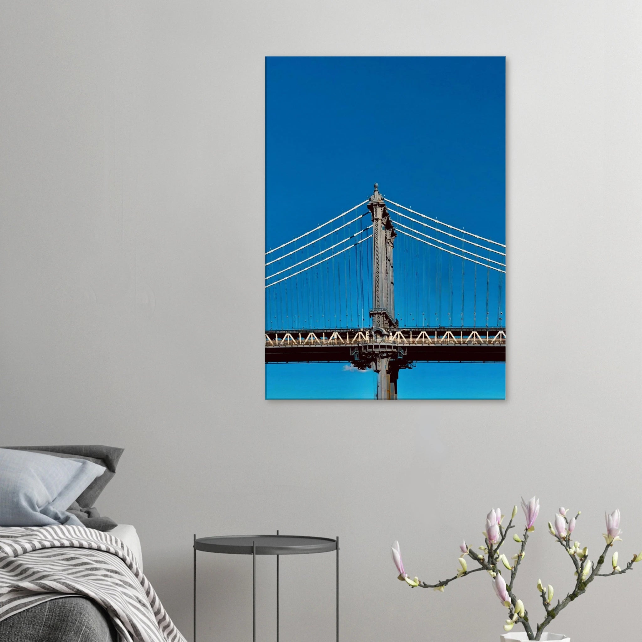 Sunny Winter Day canvas print featuring Manhattan Bridge NYC, showcasing vibrant cityscape art in a travel collection style.