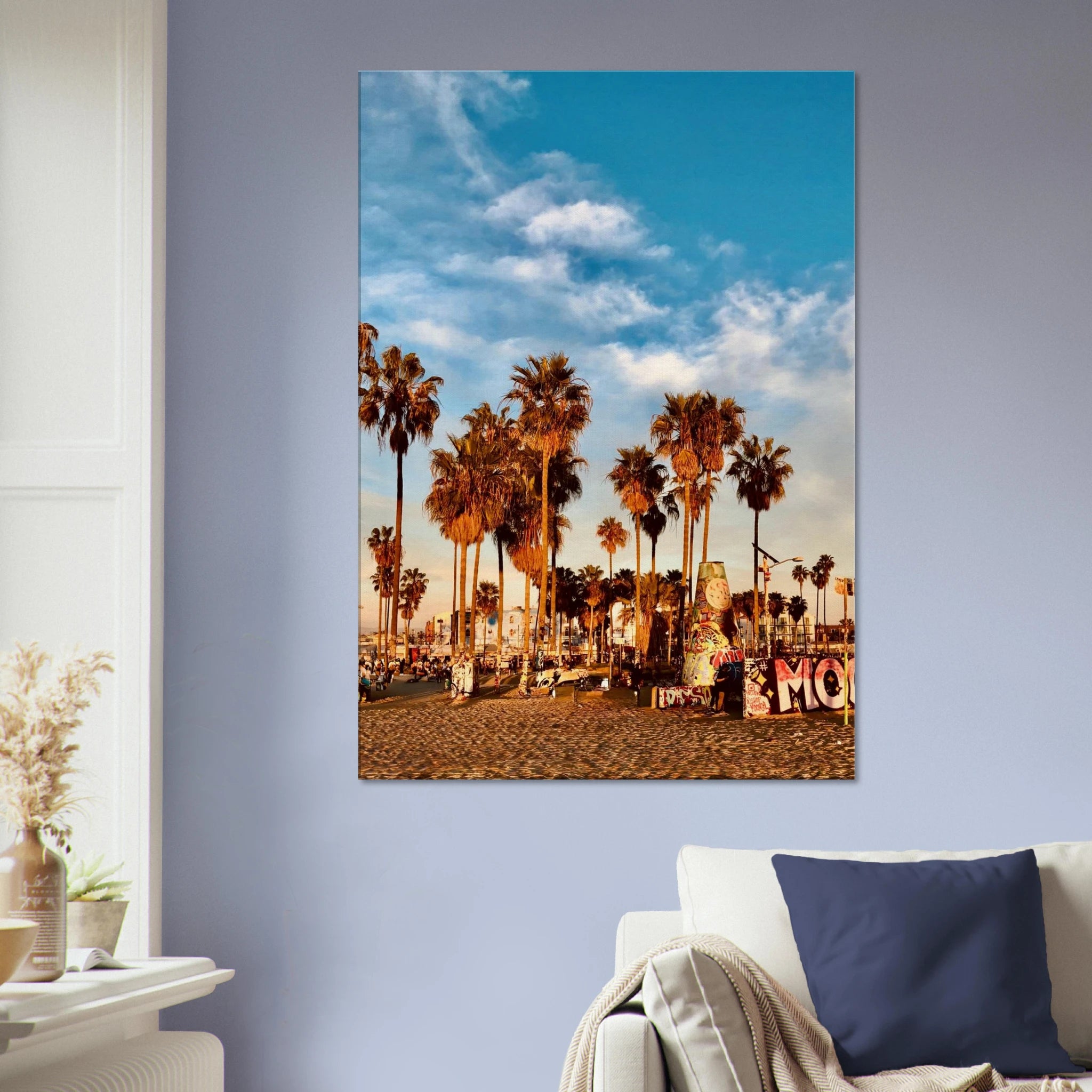 SoCal Beach canvas print featuring edgy palm trees and graffiti design, California-inspired studio edition artwork.