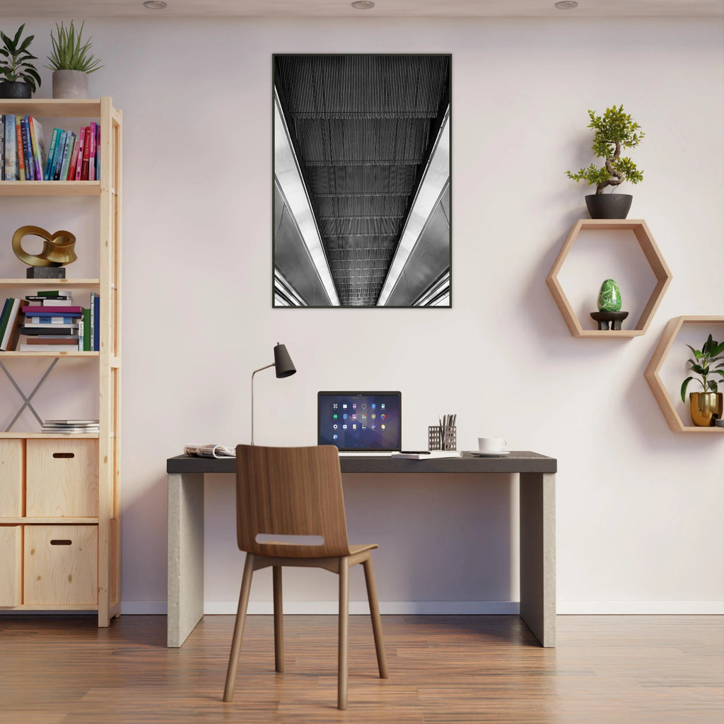 Black and white framed print of London Tube escalator abstract poster from the Travel Collection, Studio Edition, by My Store.