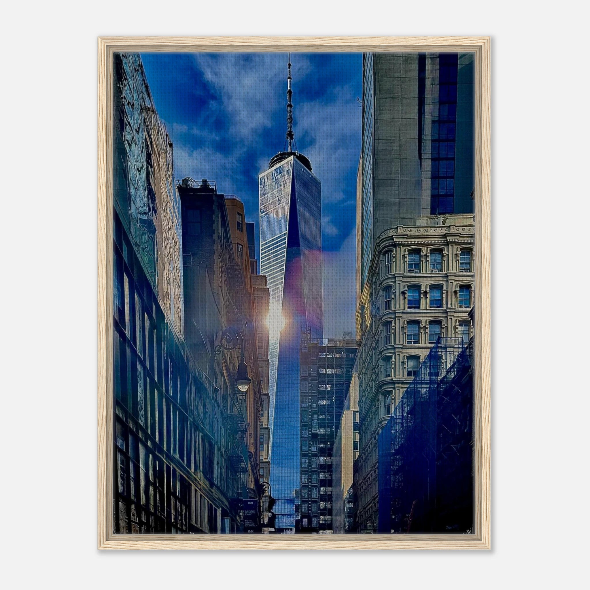 Framed canvas print of sunlight reflecting on One World Trade NYC from the Travel Collection, Studio Edition, showcasing vibrant cityscape details.