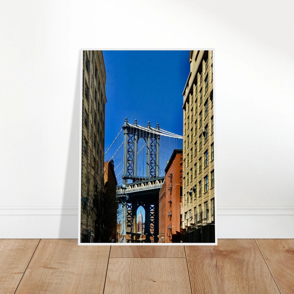NYC Dumbo skyline wooden framed print by CaliCuration, spring day travel wall art from the Studio Edition collection.