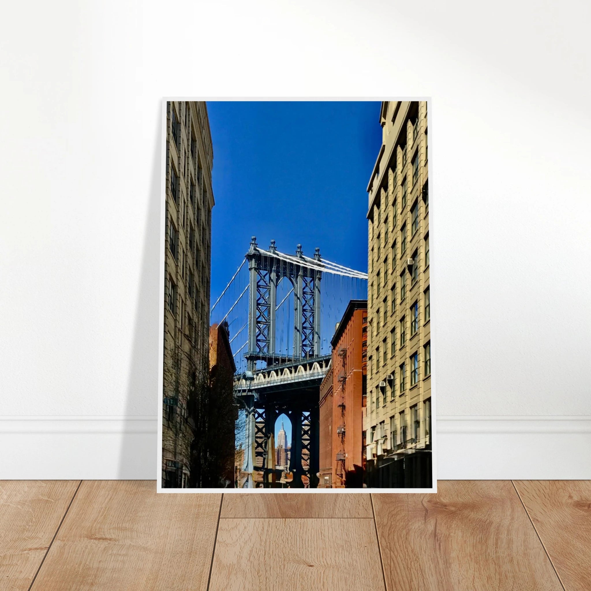NYC Dumbo skyline wooden framed print by CaliCuration, spring day travel wall art from the Studio Edition collection.
