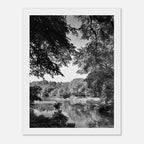 Black and white framed print of a summer lake scene from Upstate NY, part of the Studio Edition Travel Collection.