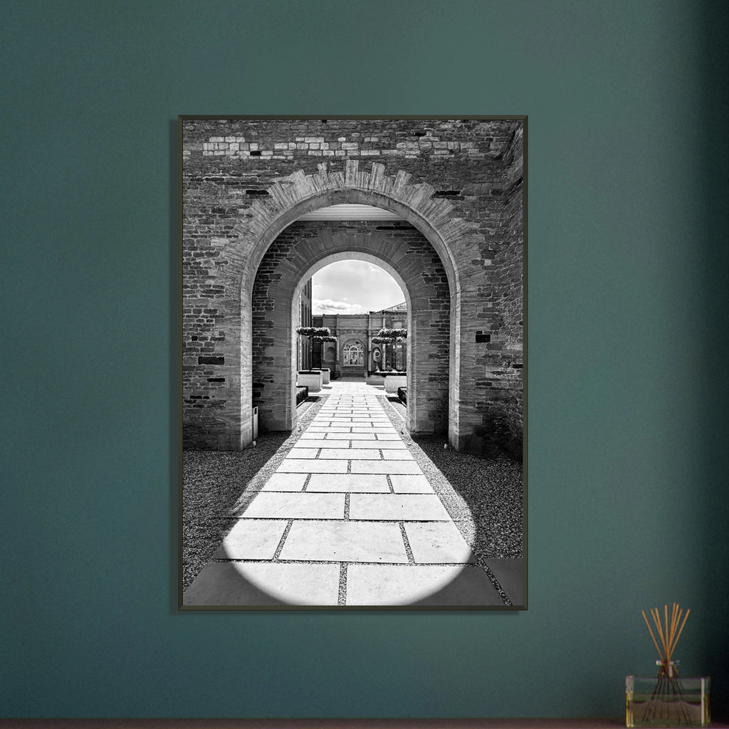 Black and white print of summer light and shadows from Cotswolds Estate aluminum framed poster, part of travel collection by My Store.