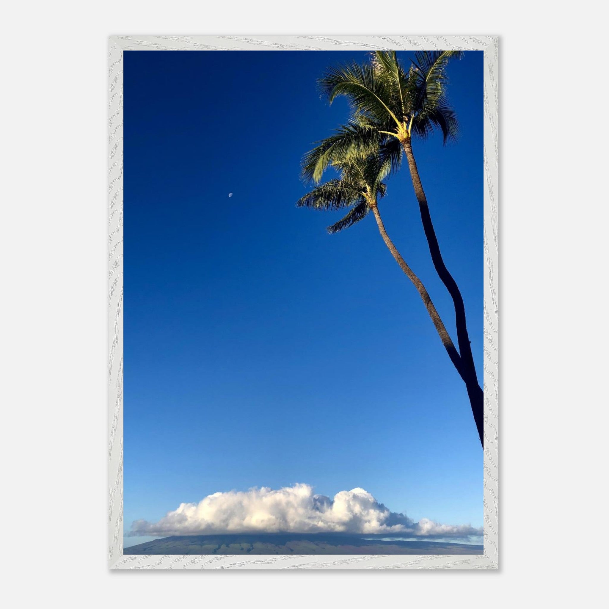 Hawaii Volcano Clouds and Pacific scene framed print by CaliCuration, showcasing vibrant volcanic and ocean imagery in a mounted display.