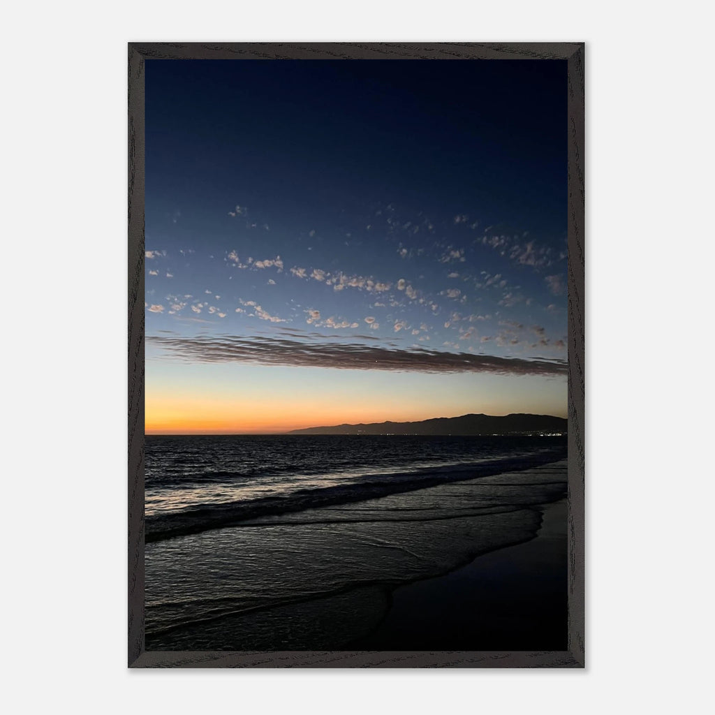Premium wooden framed poster featuring vibrant SoCal fall sunset artwork, perfect for home decor, studio edition California poster art.