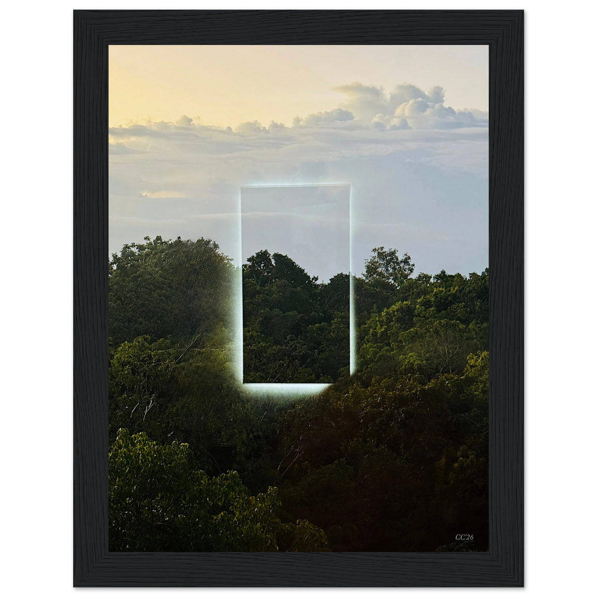 Color print titled "A Window into Jungle Stillness" by CaliCuration, showcasing a serene jungle scene with vibrant colors.
