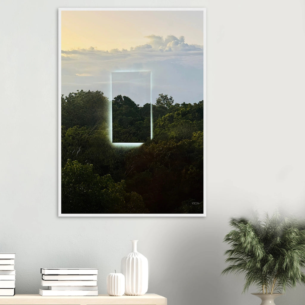Color print of "A Window into Jungle Stillness" by CaliCuration, showcasing lush jungle scenery with vibrant green tones.