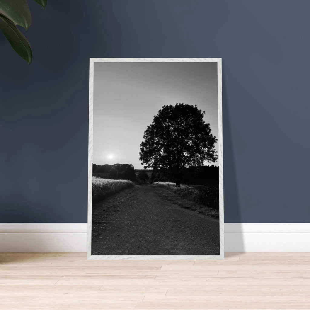 Mounted wooden framed poster of a black and white summer scene in the English Cotswolds, part of the travel collection print series.
