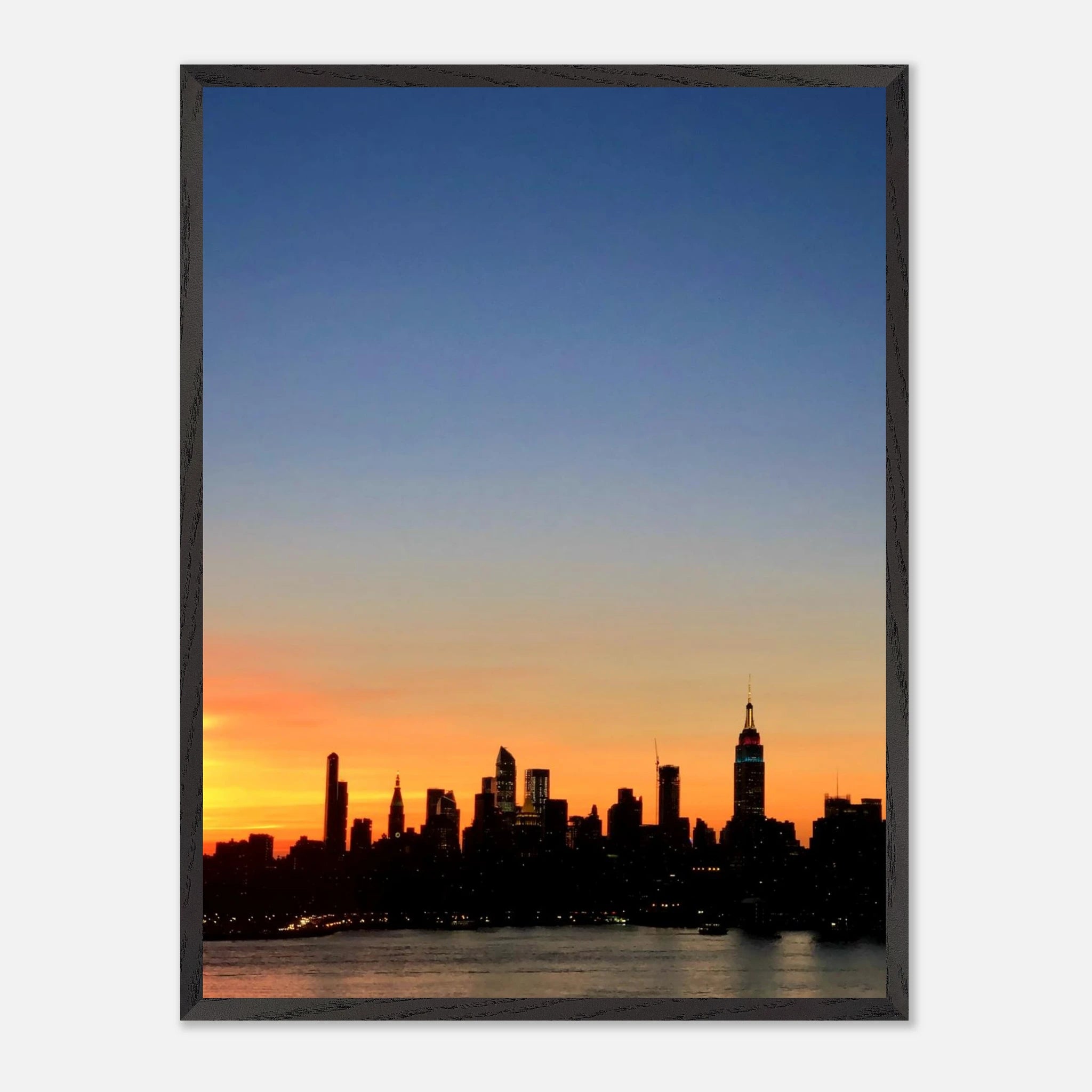 Wooden framed Manhattan skyline sunset print, majestic travel wall art by My Store, perfect for home decor and modern interior design.
