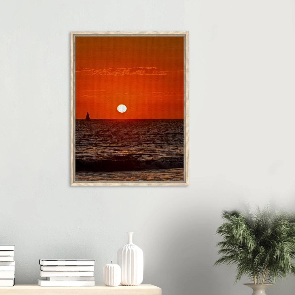 Framed canvas print of California Red Sunset Series 1/3 by CaliCuration featuring vibrant red sunset hues and artistic studio edition design.