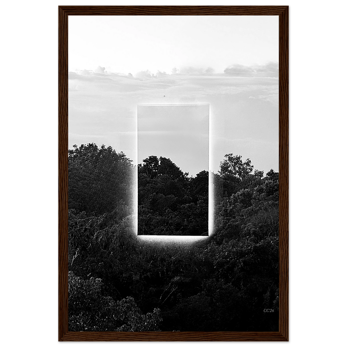Black and white print titled "A Window into Jungle Stillness" by CaliCuration, showcasing a tranquil jungle scene.