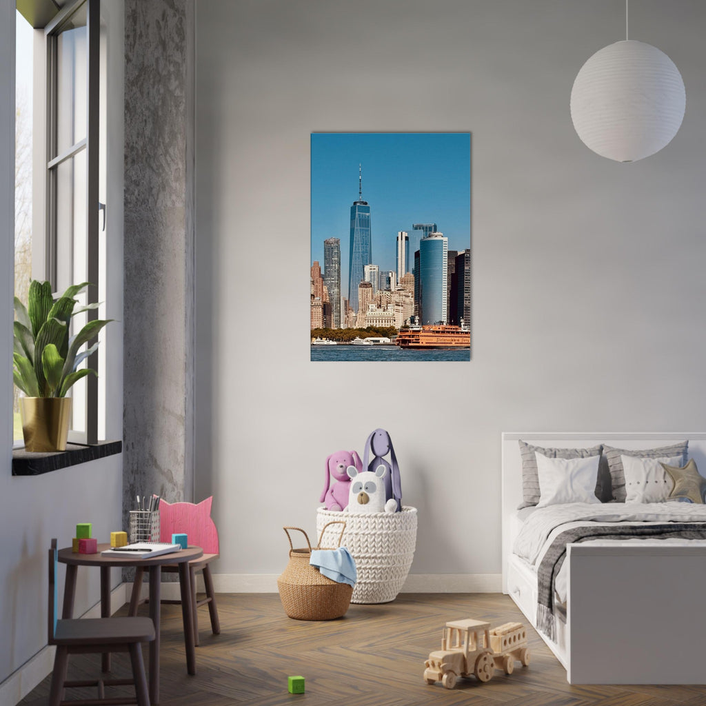 NYC skyline canvas print featuring the World Trade Center and Staten Island Ferry, from the Travel Collection, Studio Edition.