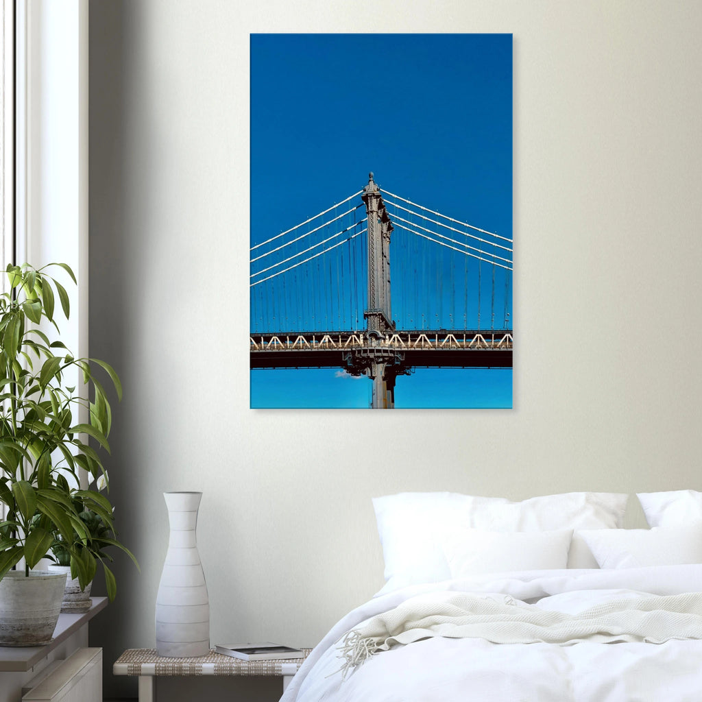Sunny Winter Day canvas print featuring the Manhattan Bridge NYC, showcasing vibrant travel-inspired artwork for home decor.