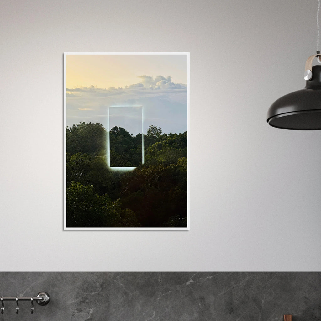 Color print of "A Window into Jungle Stillness" by CaliCuration, showcasing lush jungle scenery with vibrant colors.