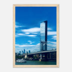 Framed NYC Manhattan Bridge and East River urban photography print, showcasing iconic New York City skyline and bridge details.
