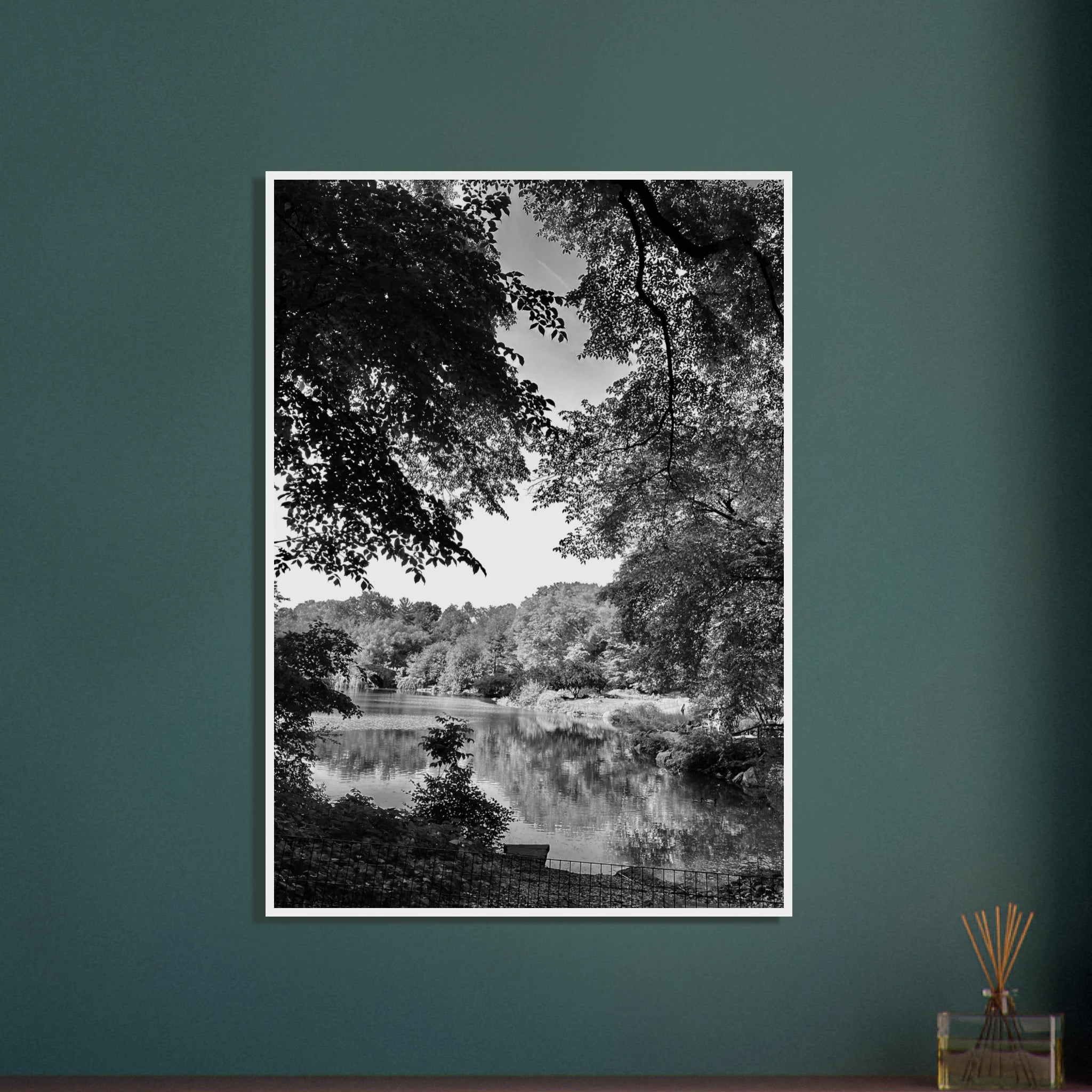 Black and white framed poster of Upstate NY summer lake scene from the Studio Edition Travel Collection, perfect for home decor.