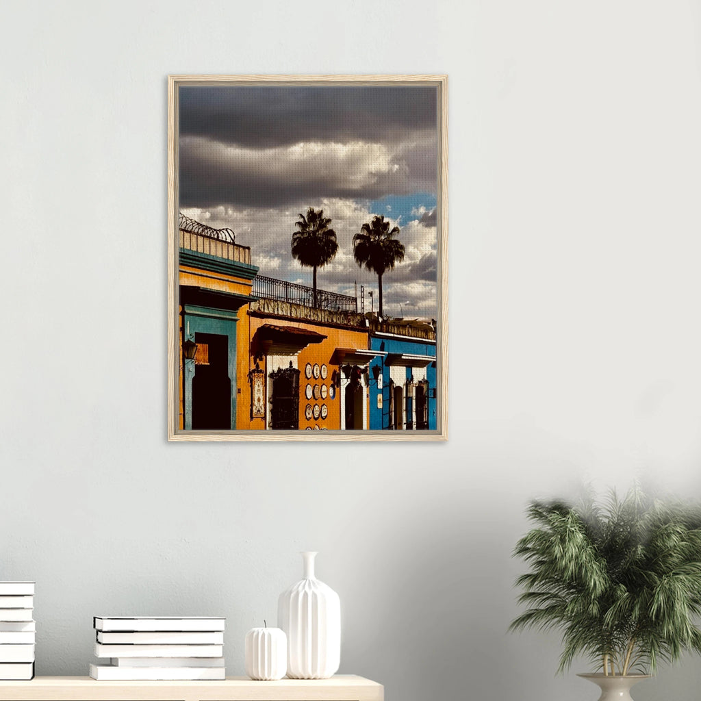 Framed canvas print of two palm trees from Mexico Oaxaca travel collection by CaliCuration, studio edition, spring 2026.