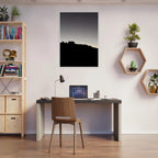 Wooden framed black and white poster of Hollywood Hills moonrise, part of the Fall New Moon California art series by My Store.