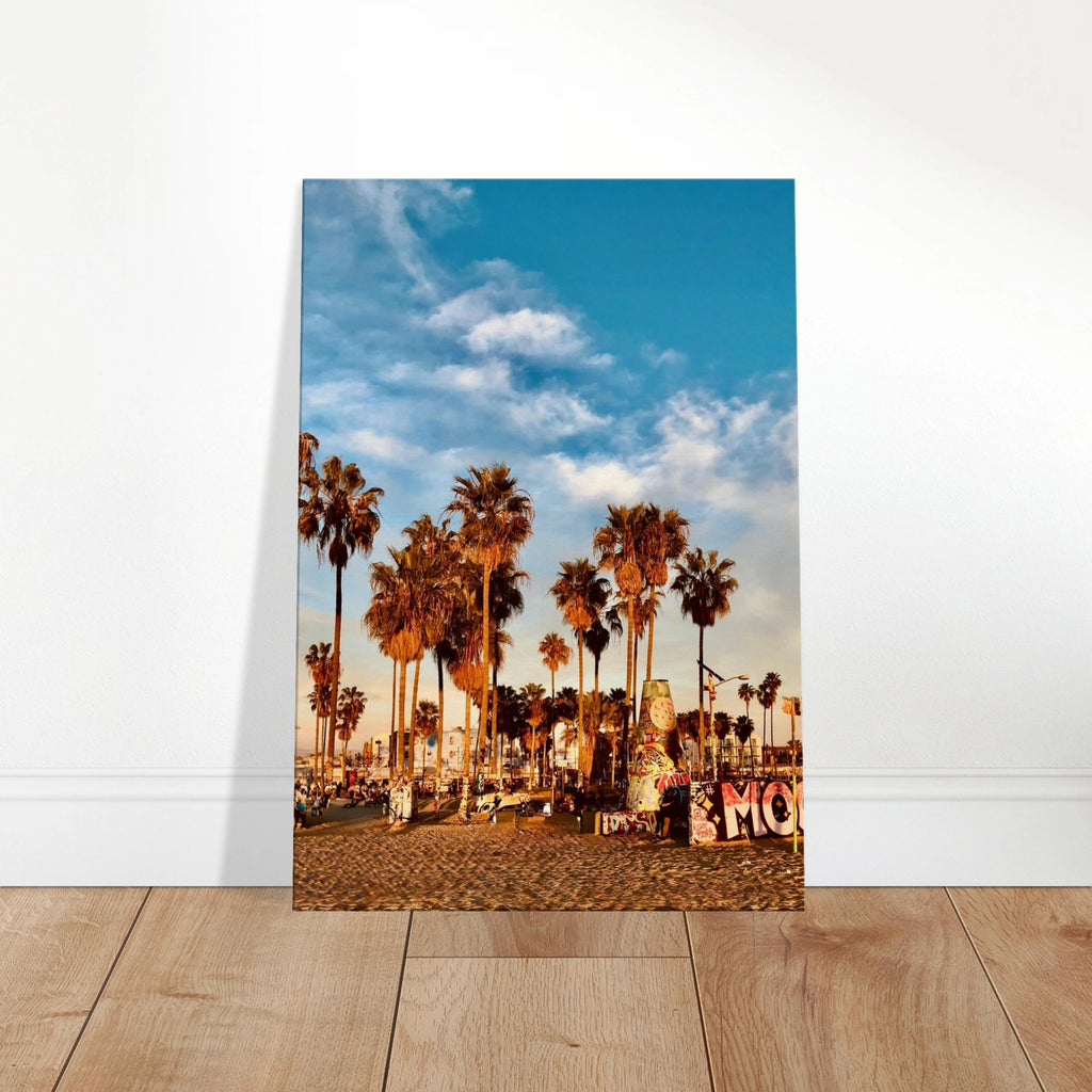 SoCal Beach canvas print featuring edgy palm trees and graffiti design, showcasing a California oasis in vibrant colors.