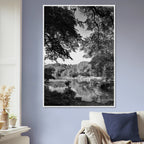Black and white framed print of a summer lake scene from Upstate NY, part of the Studio Edition Travel Collection.