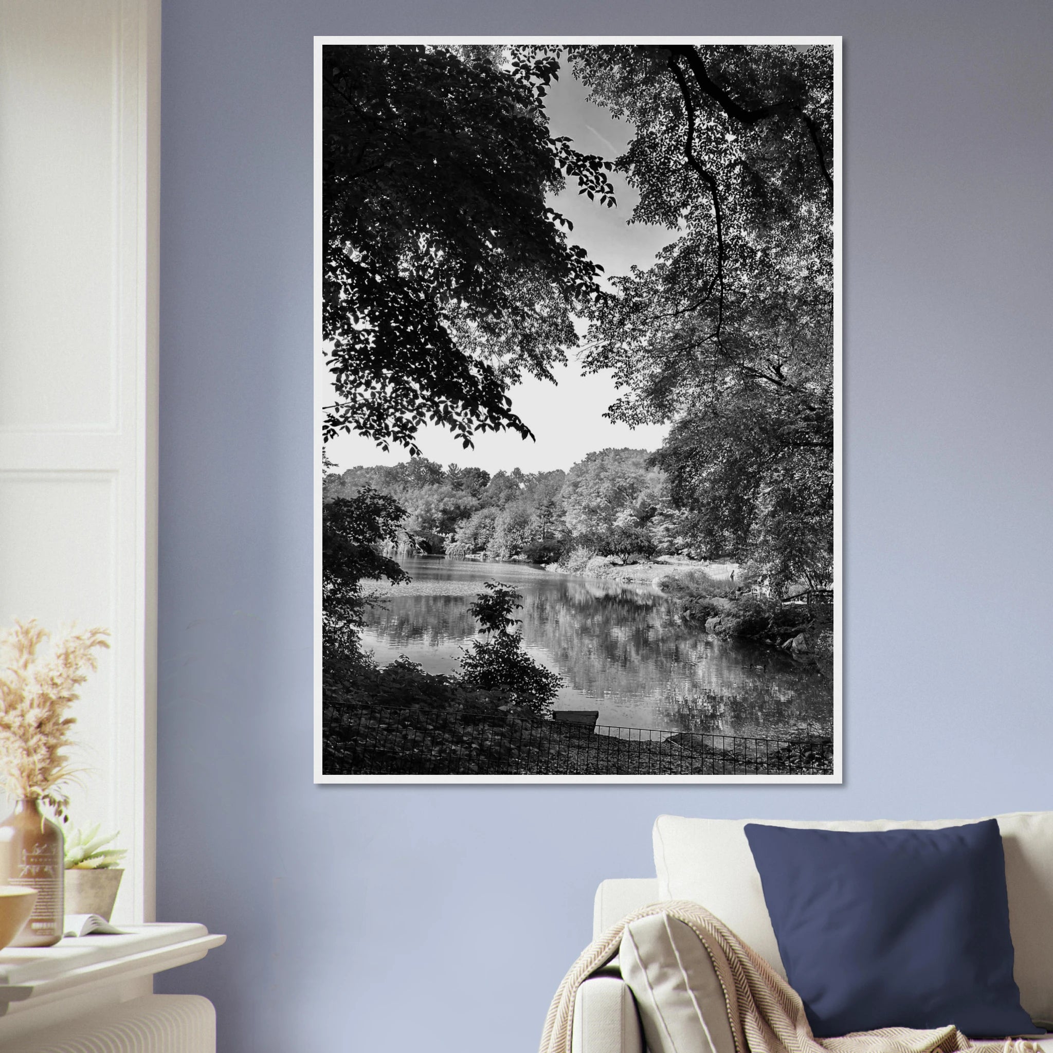 Black and white framed print of a summer lake scene from Upstate NY, part of the Studio Edition Travel Collection.
